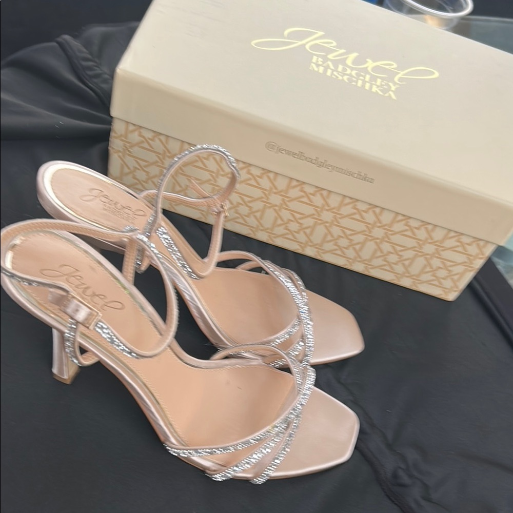 Jewel Badgley Mischka Nude Strappy Heels with Silver Accents